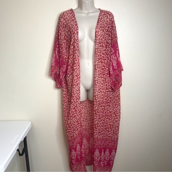 Kimono Duster Red Pink Floral Semi Sheer Open Front Flowy Chiffon Women One Size - Picture 5 of 13